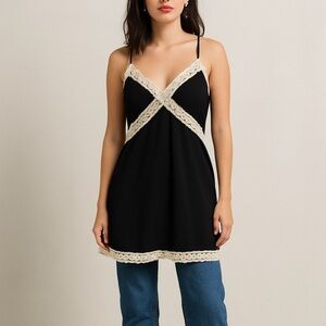 Vintage Y2K Black Lace Trim Slip Dress Small Made in USA Side Zip Going Out Top